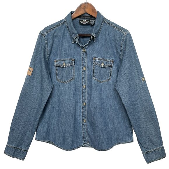 Harley Davidson Jean Jacket Women Size XL Blue‎ Roll Tab Long Sleeve 100% Cotton - Picture 1 of 12